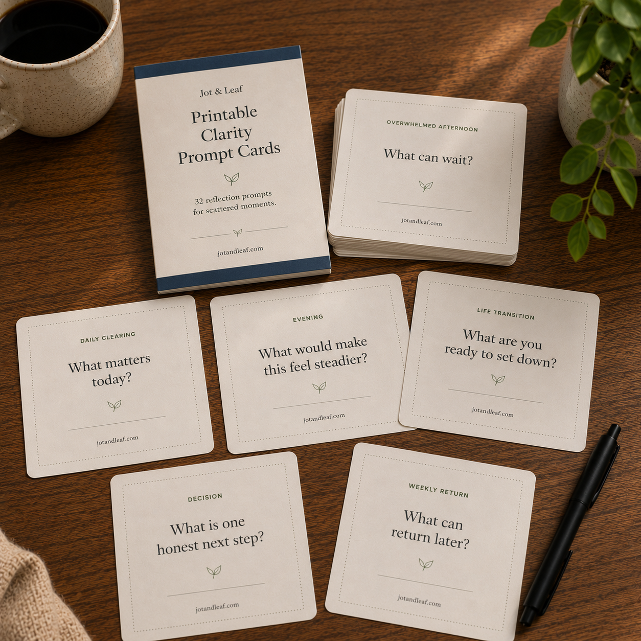 Printable Clarity Prompt Cards spread across a desk