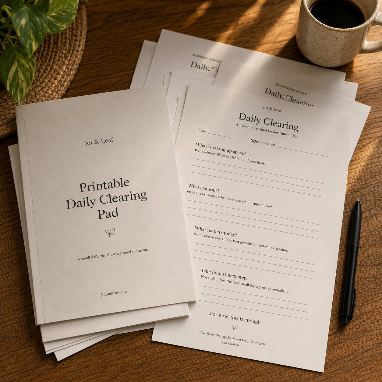 Printable Daily Clearing Pad pages arranged on a wooden desk